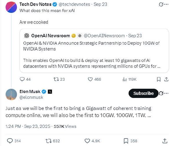 马斯克回应OpenAI与英伟达合建10吉瓦数据中心