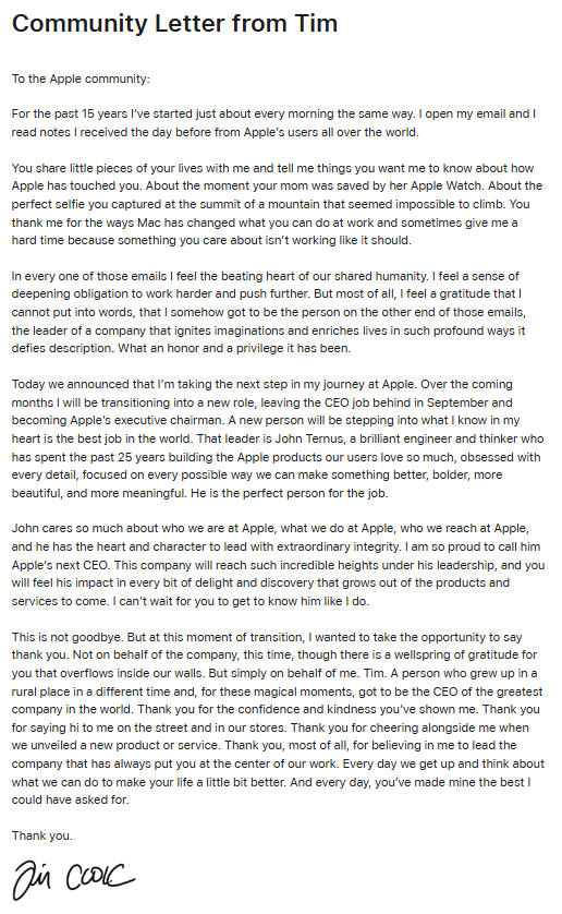 苹果官宣：库克9月卸任CEO，特努斯接任